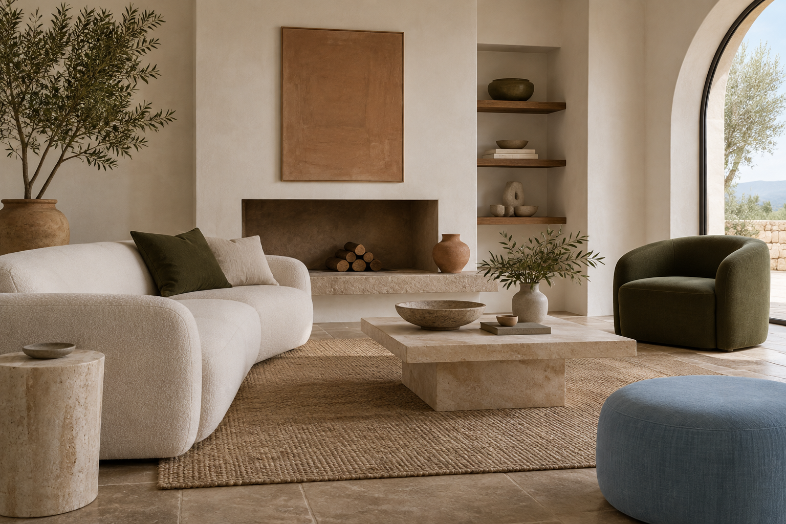 Quiet contemporary living room showing a mineral, stone, olive and powder-blue color system